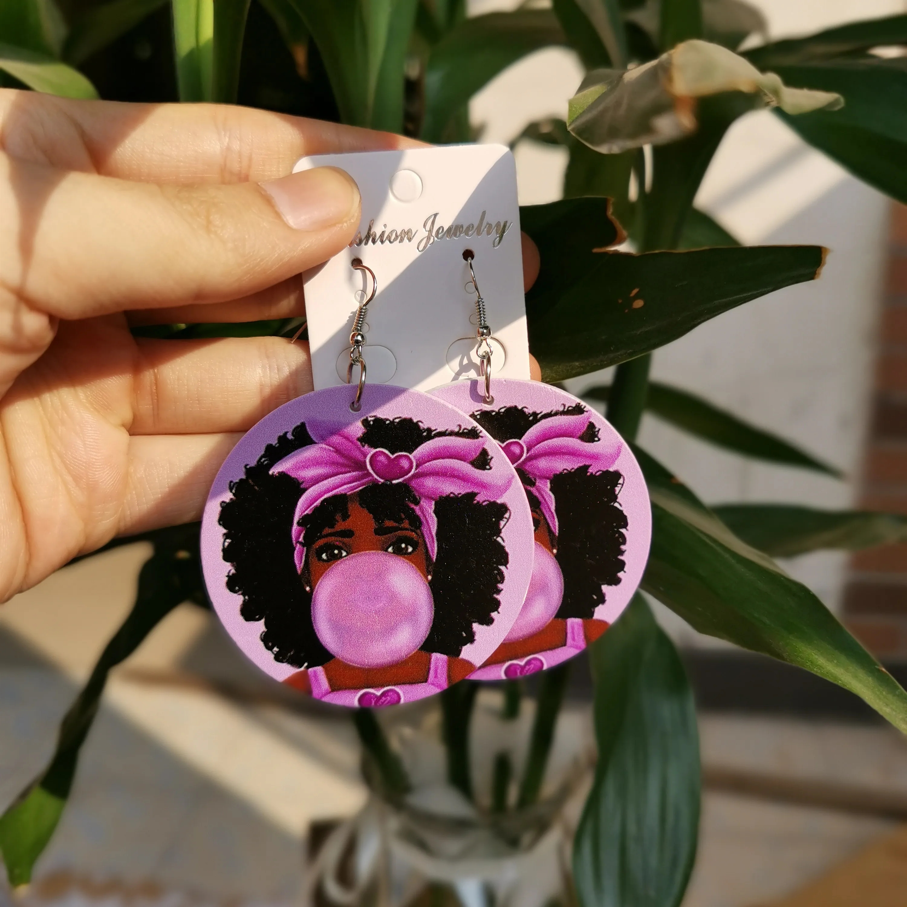 SOMESOOR Lovely Pink Afro Girl Bubble Gum Wooden Drop Earrings African Black Natural Hair Hiphop Dangle Jewelry For Women Gifts