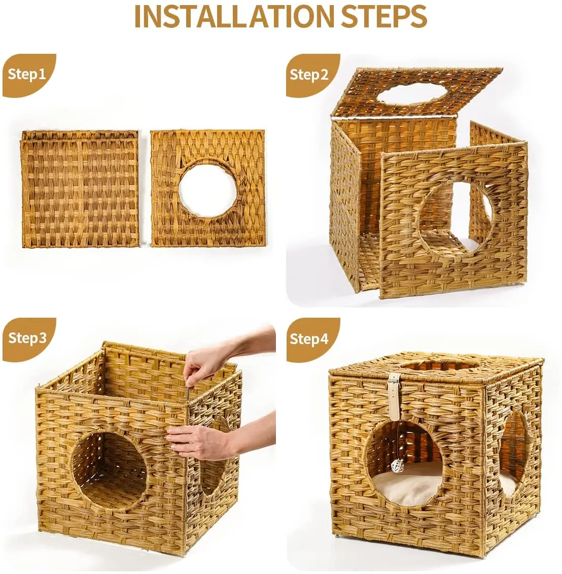 Mewoofun Cat House for Indoor Cats with Hand-Woven Wicker Beds Cozy Cave Cat Hideaways ,15.75x15.75x15.75 Inches US Shipping