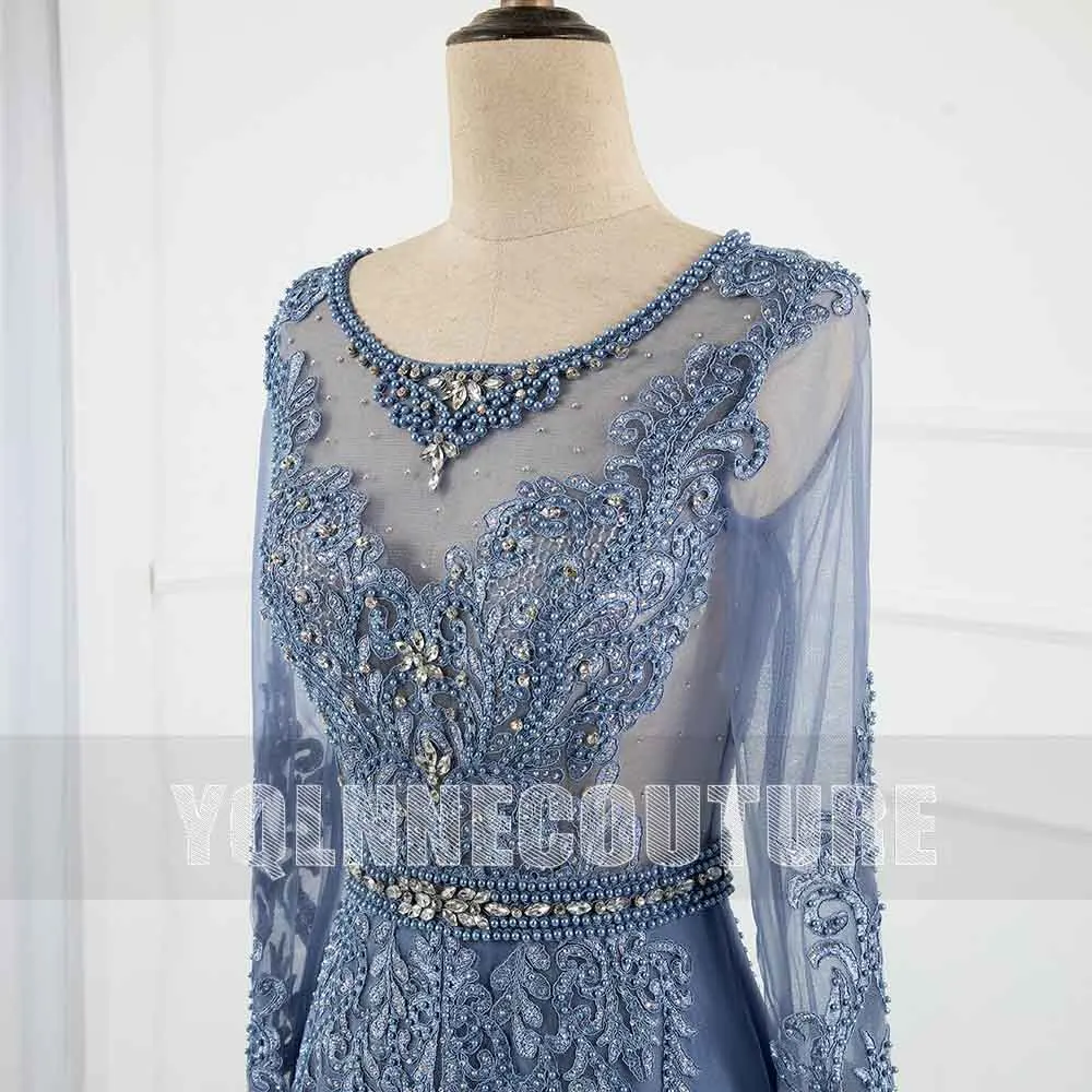 Robe de soirée élégante en Tulle, bleu fumé, manches longues, sirène, dentelle brodée, perles, robe de fête formelle