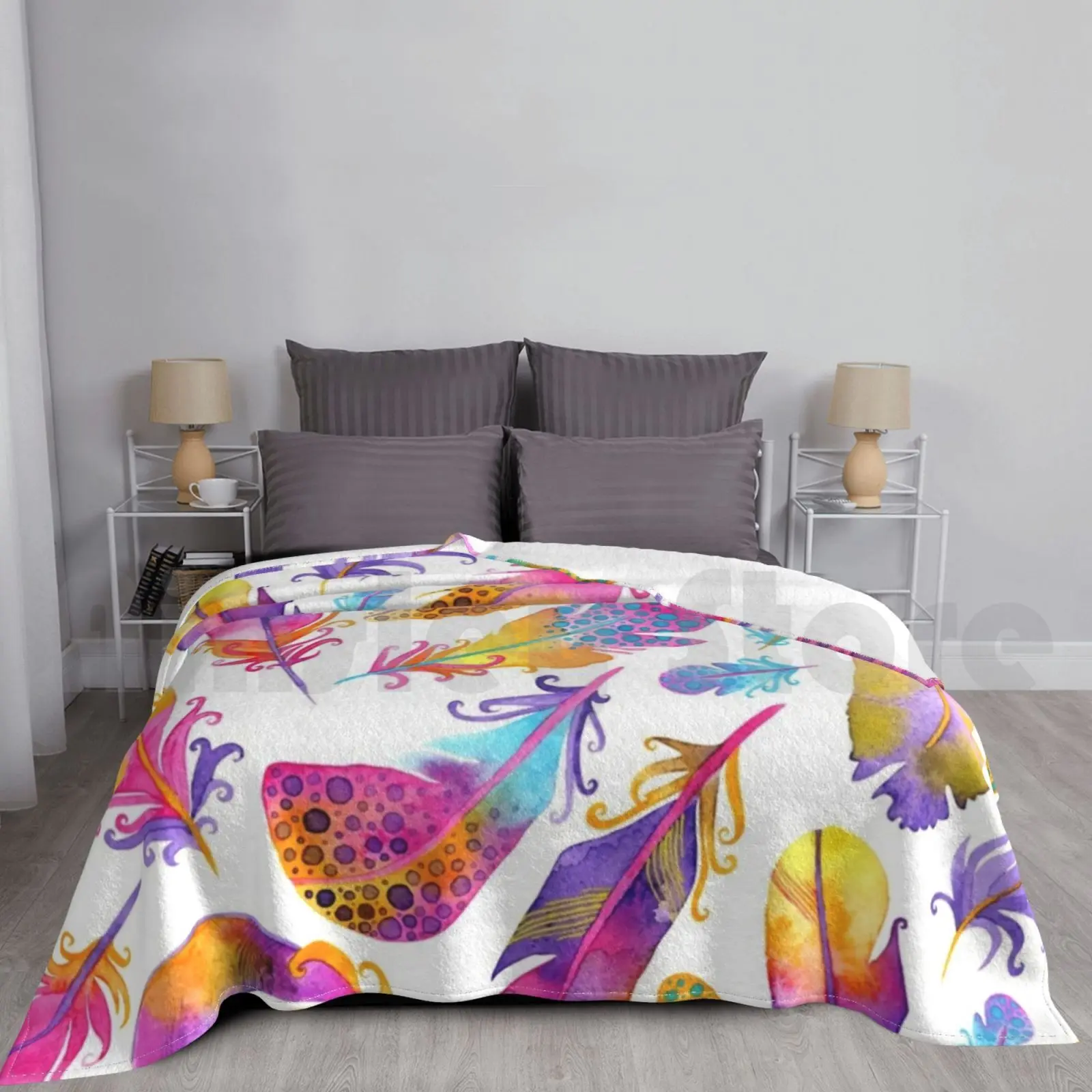 Watercolor Sunset Feathers All Over Pattern Blanket For Sofa Bed Travel Feathers Sunset Watercolor Hand Painted