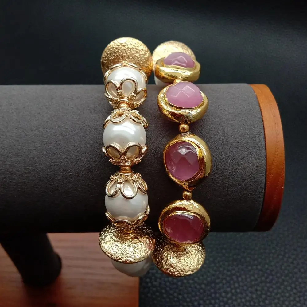 Y.YING 2 Rows White Sea Shell Pearl Pink Cat Eye Bracelet 8