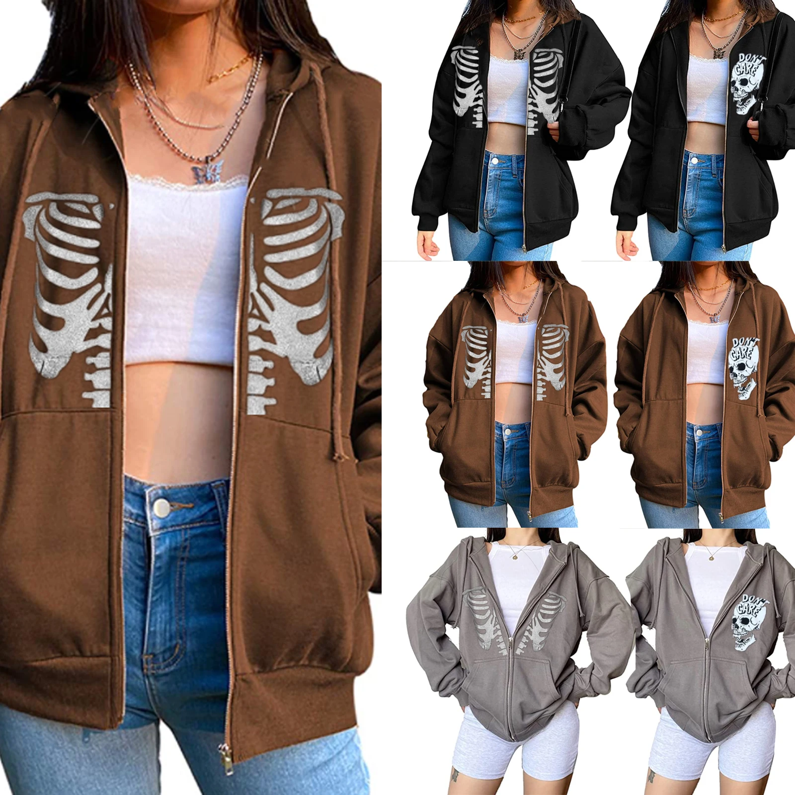 

Women Zip-up Hooded Sweatshirt, Skeleton/Skull Print Loose Fit Long Sleeve Pullover with Pockets