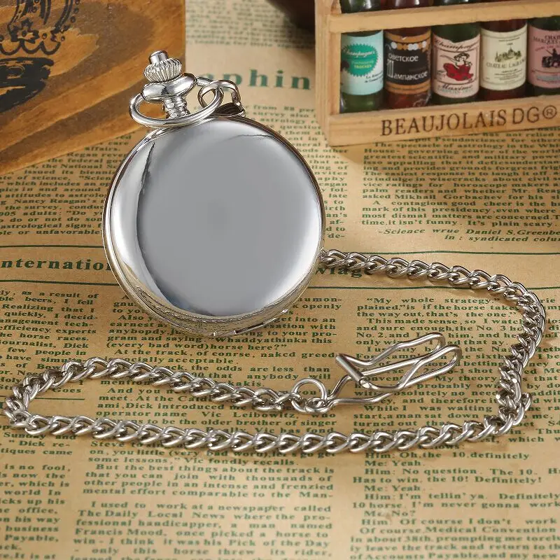 Reloj de bolsillo mecánico con números romanos para hombre y mujer, reloj de lujo con funda plateada lisa, cadena Fob de esqueleto Steampunk, regalo