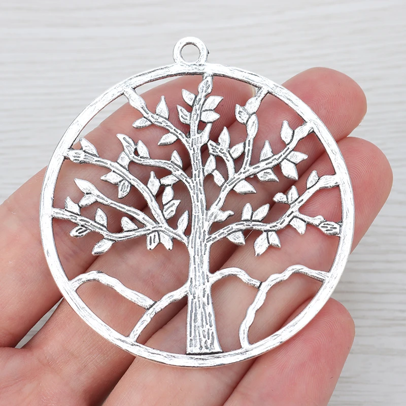 4 x Silver Boho Large Hollow Round Life Tree Tibetan Silver Charms Pendants For Necklace Jewelry Making Findings 57x57mm