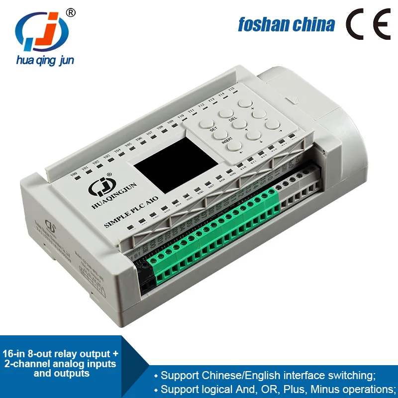 

Huaqingjun 16DI 8DO Relay Output PLC 2AI 2AO 0-20mA 0-10V PLC for Analog Sensors