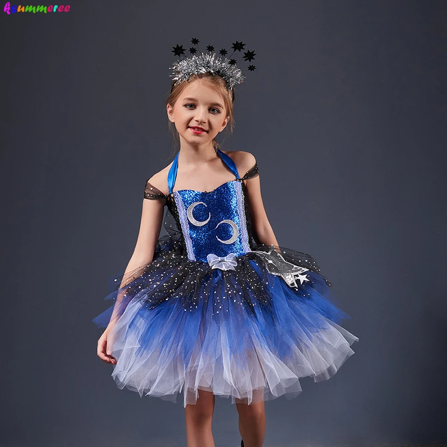 Stunning Glittering Galaxy Girls Tutu Dress Night Sky Stars Moon Kids Halloween Costume Sparkly Pageant Gala Party Ball Gown