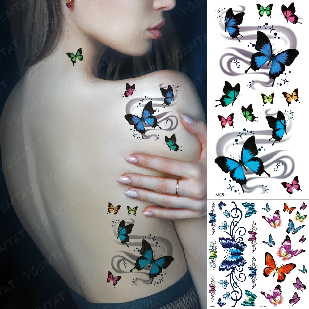 

Color Butterfly 3D Flash Tattoo Woman Waterproof Temporary Tattoo Sticker Sexy Feather Body Art Fake Tattoo Girl Realistic Arm