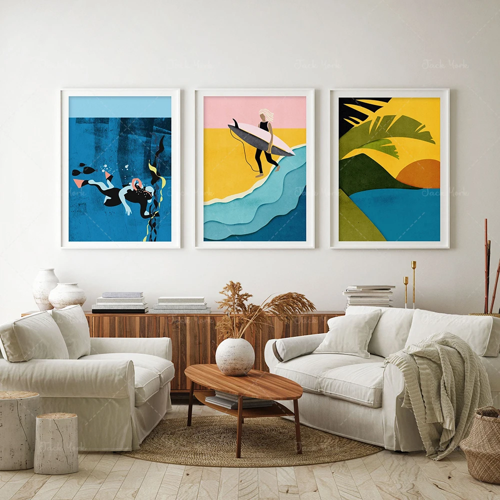 Impression artistique Scuba Diver, affiche Surfer Girl, ensemble d'aventures dans le paradis tropical, bonheur du surf, sports nautiques, art ambiance estivale, surf