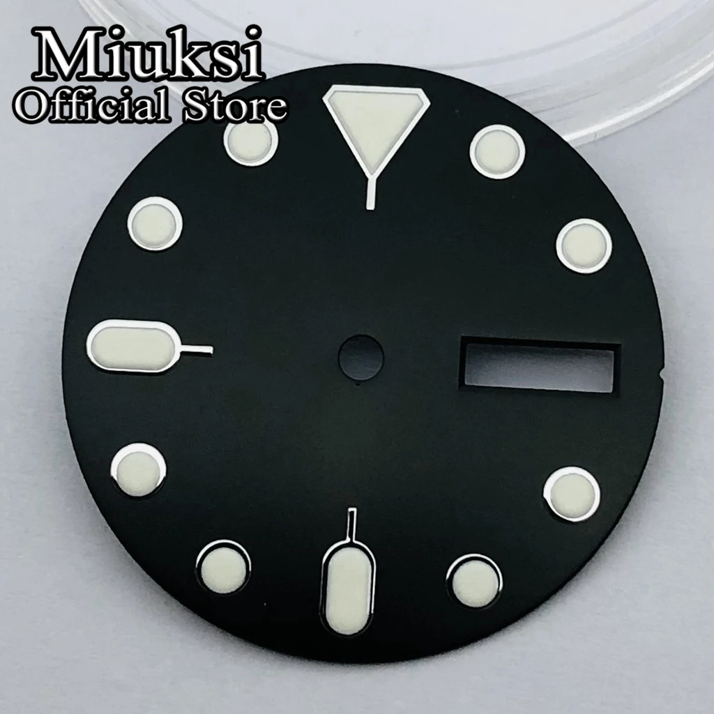 Miuksi 28.5mm black blue green brown watch dial C3 luminous dial fit NH36 movement fit 3 o\'clock crown 3.8 o\'clock crown