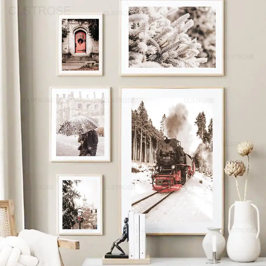 

Winter Landscape Train Door Snow Tree Canvas Painting Nordic Street View Wall Art Posters and Prints Home Decoration Living Room