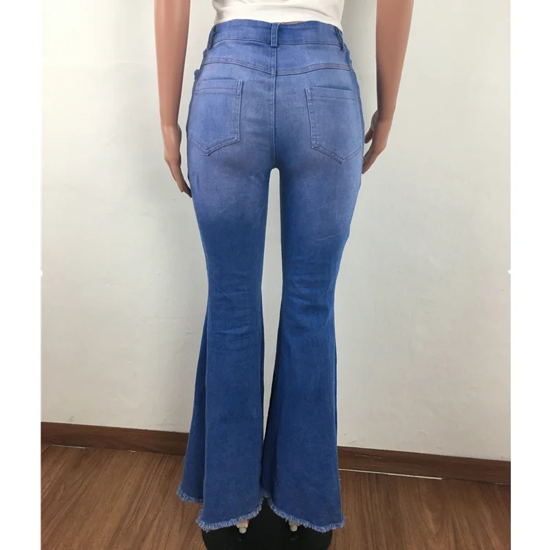 Fashion Clothes Vintage Washed Cotton Jeans High Waist Ripped Bell Bottom Flare Pants Women 2021 Wide Leg Denim Pants Trousers