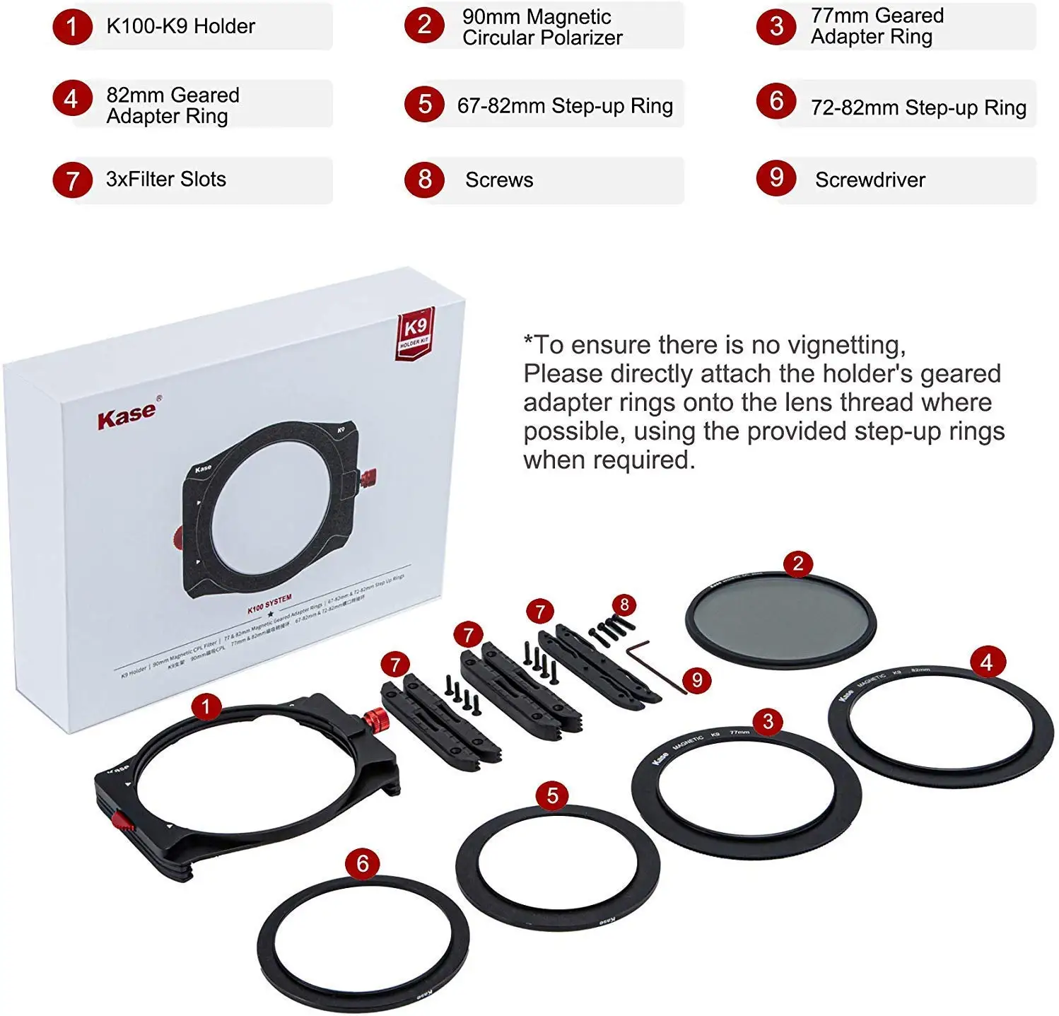 Kase K9 Slim 100mm Filter Holder Kit with Holder + 90 mm Magnetic CPL Filter + 67mm 72mm 77mm 82mm Adapters