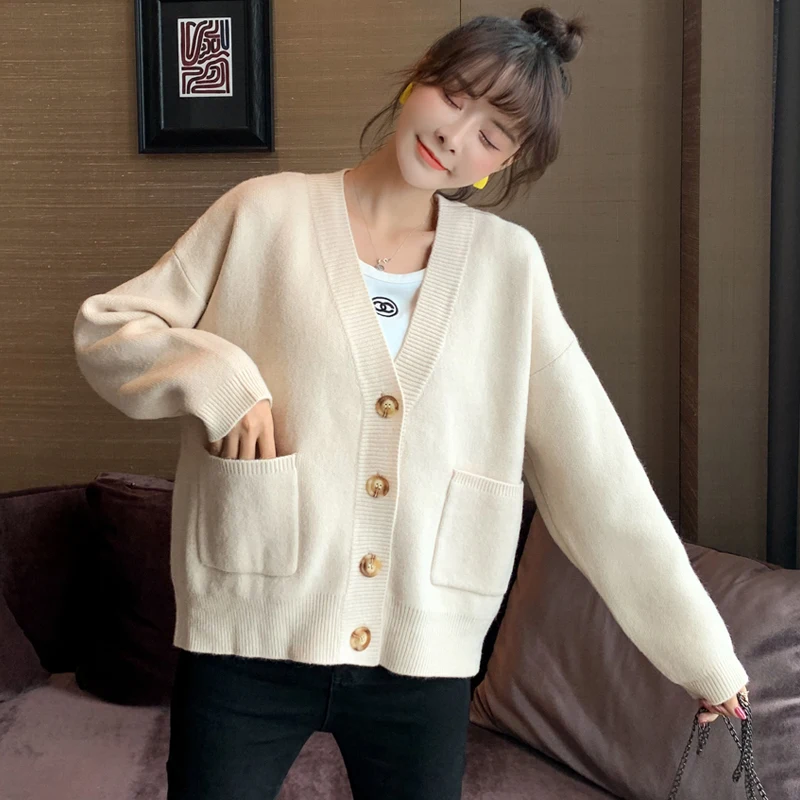 Snordic Women Autumn Winter V Neck Beige Sweater Full Sleeve Single Breasted Loose Knitted Cardigan Coat Pockets