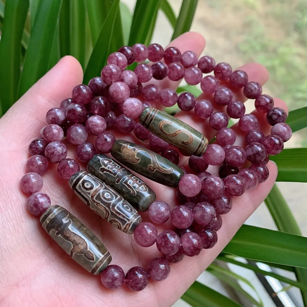 Healing Reiki Stone Natural Tibetan Dzi Agates Bracelet Nine Eyes Guanyin Dzi Charms Purple Jades Crystal Bracelets for Women