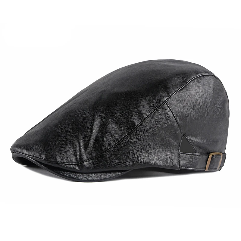 

PU Leather Beret Hat For Men Imitation leather Herringbone Berets Flat Peaked Forward Cap Women Solid Black Red Newsboy Hats