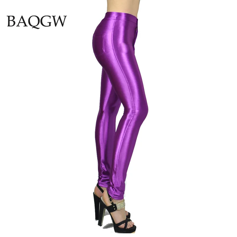 Solid Fluorescent Leggings Women Casual High Waist Plus Size Multicolor Shiny Glossy Legging Female Elastic Pant Sporty Clothes