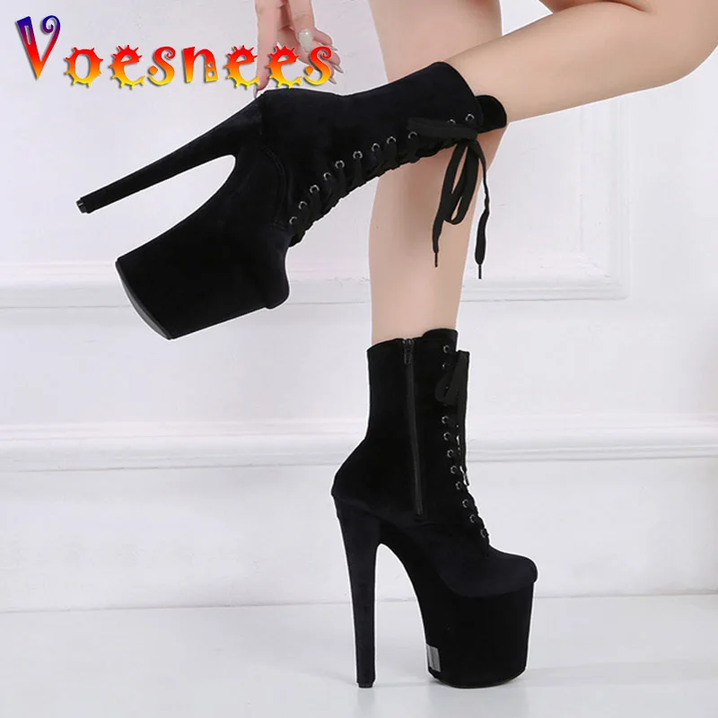 Autumn And Winter New Women Flock Ankle Boots Black Stiletto Side Zipper Mid-Tube Boots High Platform Models Stage Show Shoes