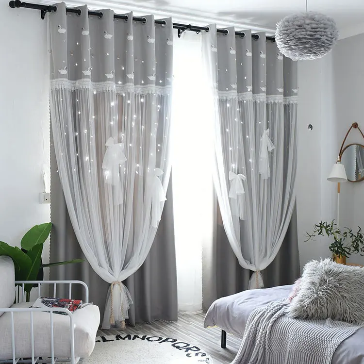 New Design Embroidered Double Layer Blackout Star Hollow Curtains with Lace Tulle Fabric for Home Living Room Window Decor