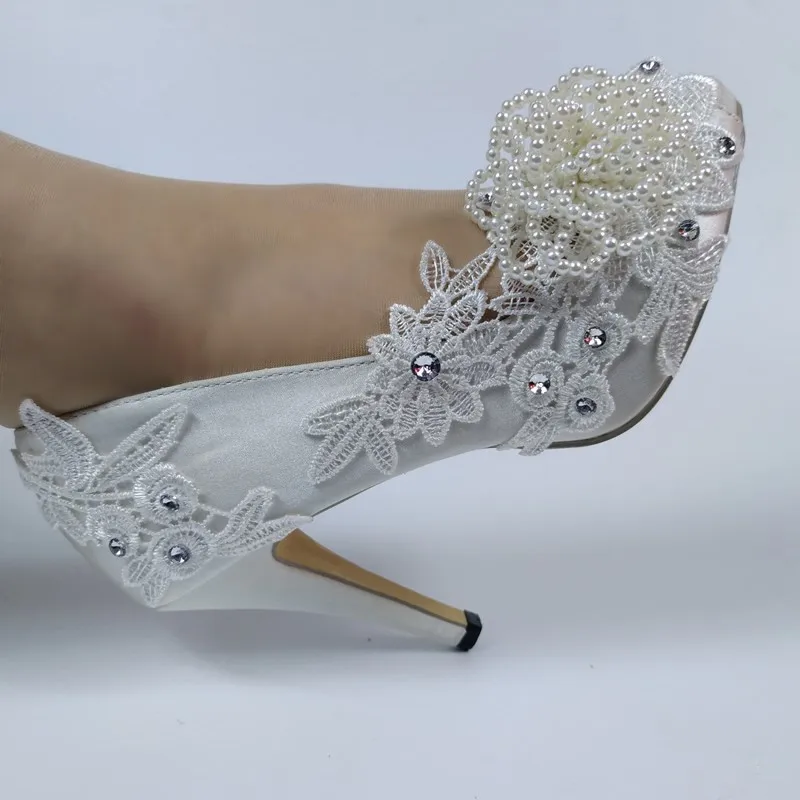 

BaoYaFang Beading wedding shoes Peep Toe white lace shoes Flower party shoes woman Open Toe High heel Pumps Thin Heel Shallow