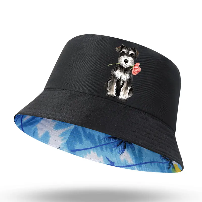 2024 New Cute Rose Mini Schnauzer Print Men Women Bucket Hat Outdoor Panama Fishing Cap Fisherman Hat Fishing Hat