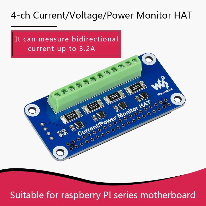 4-ch Current/Voltage/Power Monitor HAT for Raspberry Pi 4/3/2  I2C/SMBus