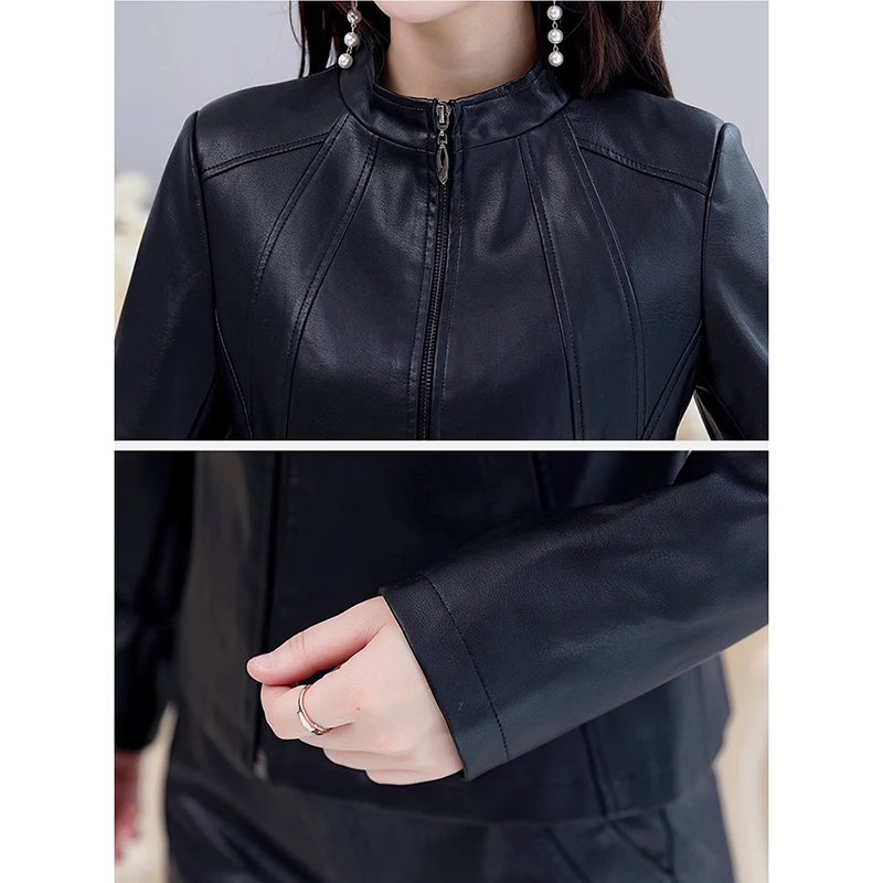 Women\'s Washed PU Leather Jacket Short Full Sleeve Standing Collar Zipper Motorcycle Coat Lady Basic Jacket W1126