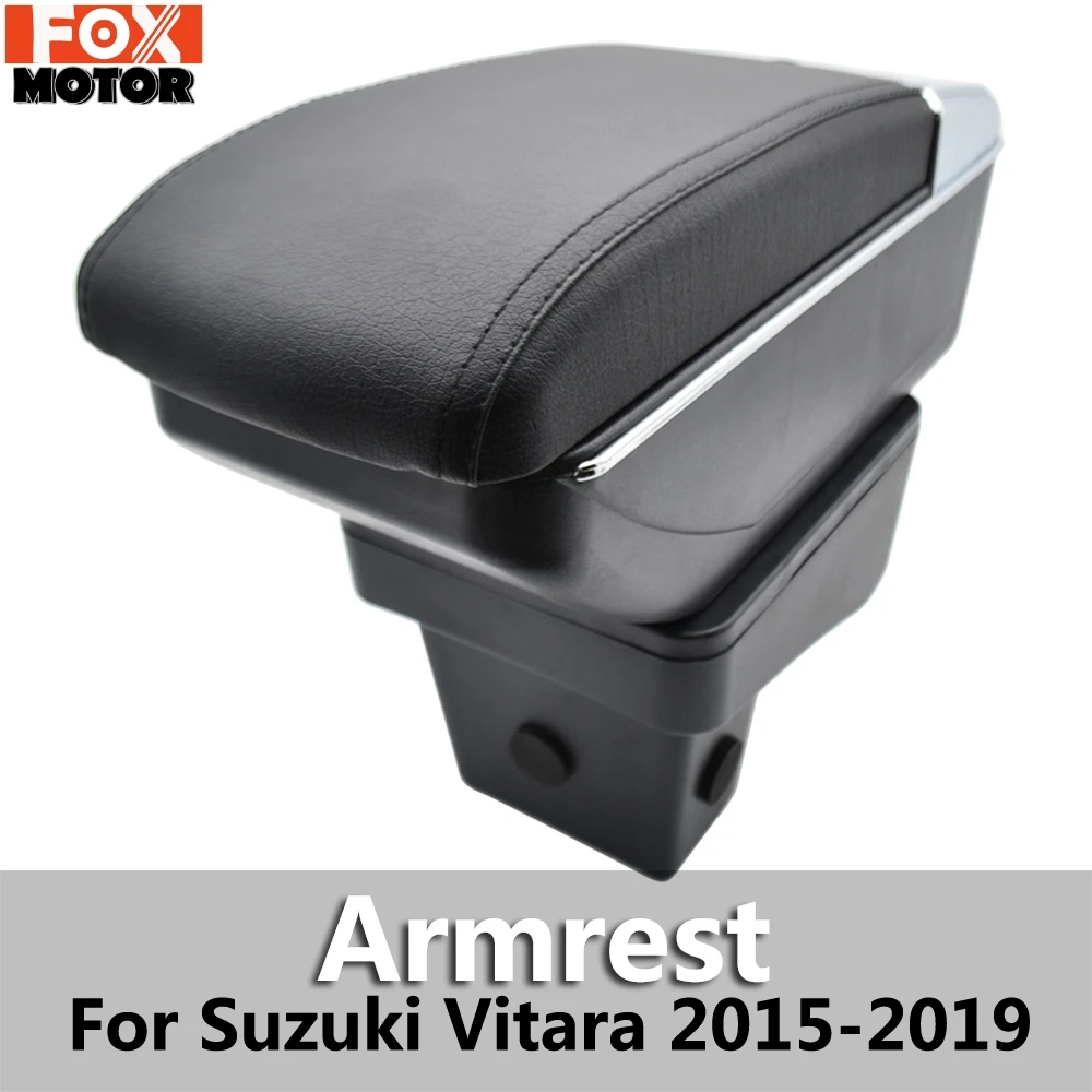 

For Suzuki Vitara 2015 - 2019 Storage Box Interior Armrest Arm Rest Dual Layer Black Leather Ashtray Decoration 2017