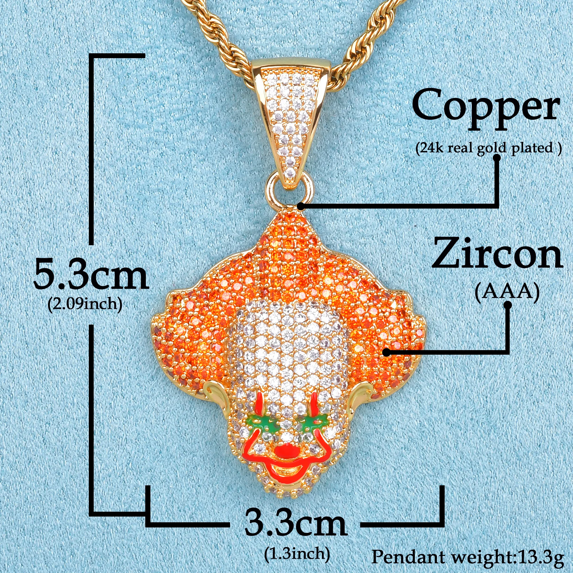 Orange Color Clown Pendant Bling Cubic Zircon Charm Men's Hip Hop Rock Jewelry