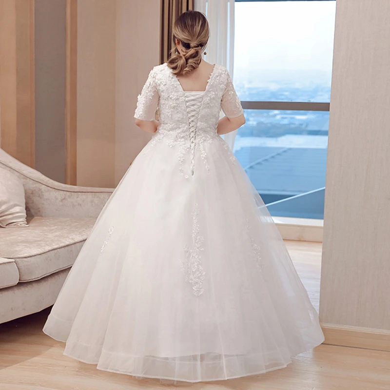 Novo vestido de casamento profundo decote em v meia mangas baratos princesa vestidos de baile branco appliqeus elegante rendas até vestidos de casamento longos b005