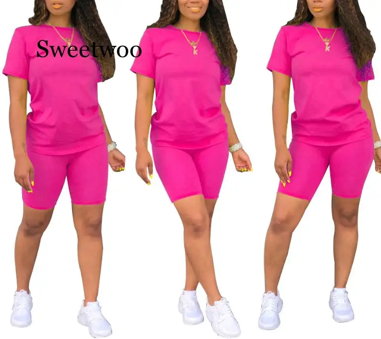 SWEETWOO-conjunto informal de dos piezas para mujer, camiseta de manga corta con cuello de pico y pantalones cortos, trajes de sudor sexys para