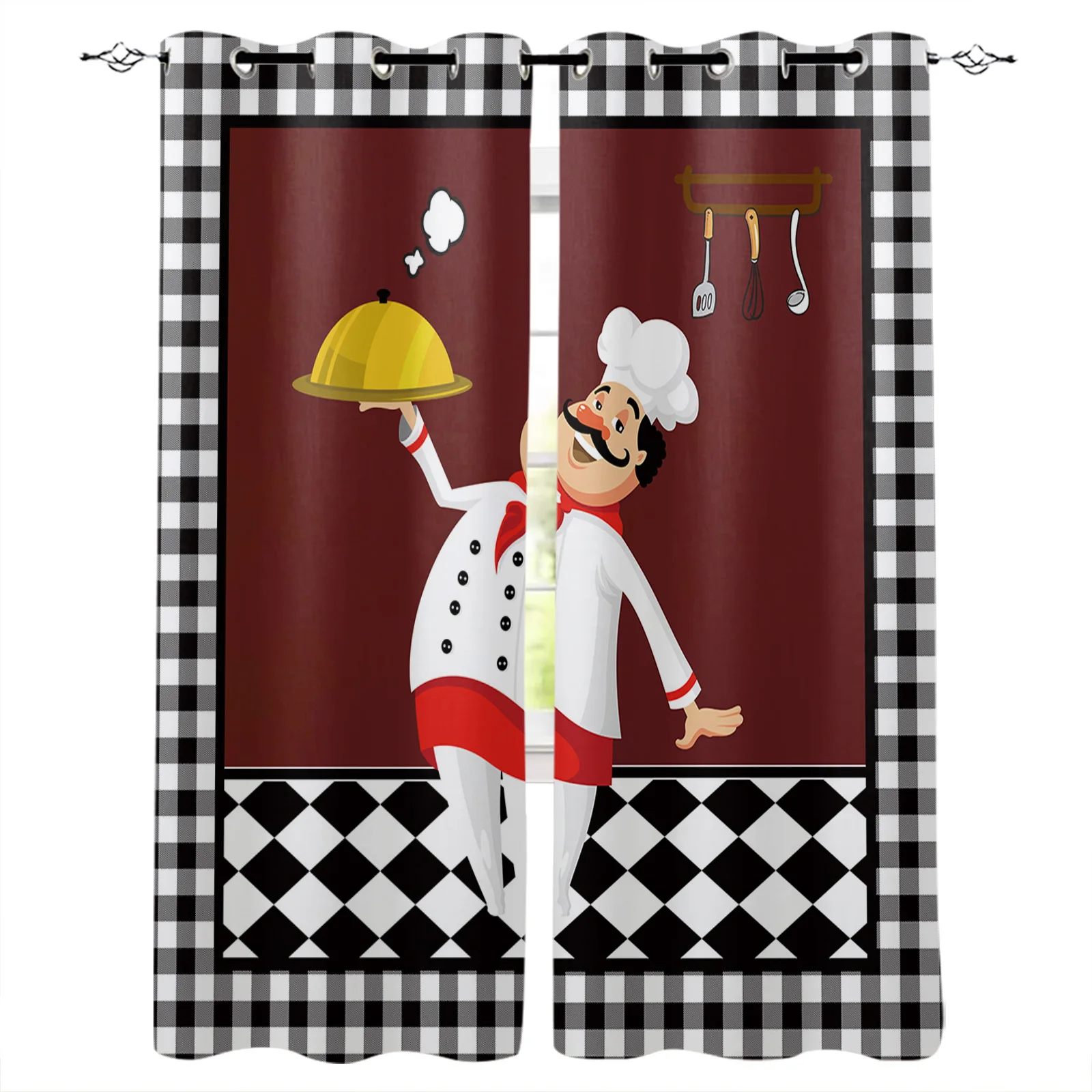 Black And White Plaid Chef Knife Fork Blackout Curtains For Kitchen Bedroom Kids Room Window Treatment Curtains for Living Room