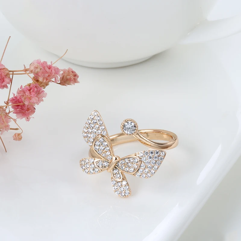 Wbmqda New Fashion 585 Rose Gold Butterfly Earring Ring for Women Mosaic Natural Zircon Shiny Cocktail Ring Luxury Jewelry Set