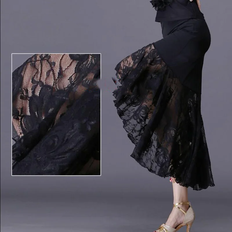 Sexy Latin Dance Skirts Women Black Lace Skirt Irregular Fish Tail Skirt Long Ballroom Dance Dress