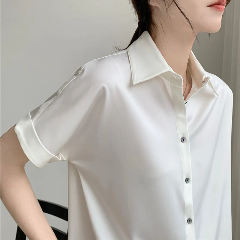 JMPRS Elegant Women Chiffon Shirt White Office Summer Short Sleeve Summer Ladies Tops Casual Loose Large Size Button Up Blouse