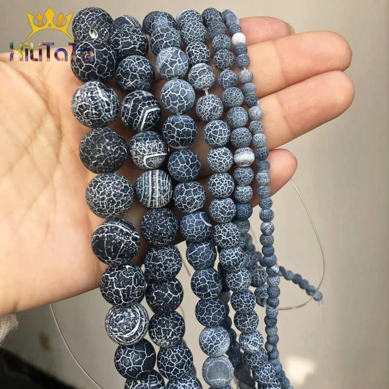 Round Frost Cracked Black Crab Agates Beads Natural Loose Beads For Jewelry Making DIY Bracelets Necklaces 15\'\' 4/6/8/10/12mm