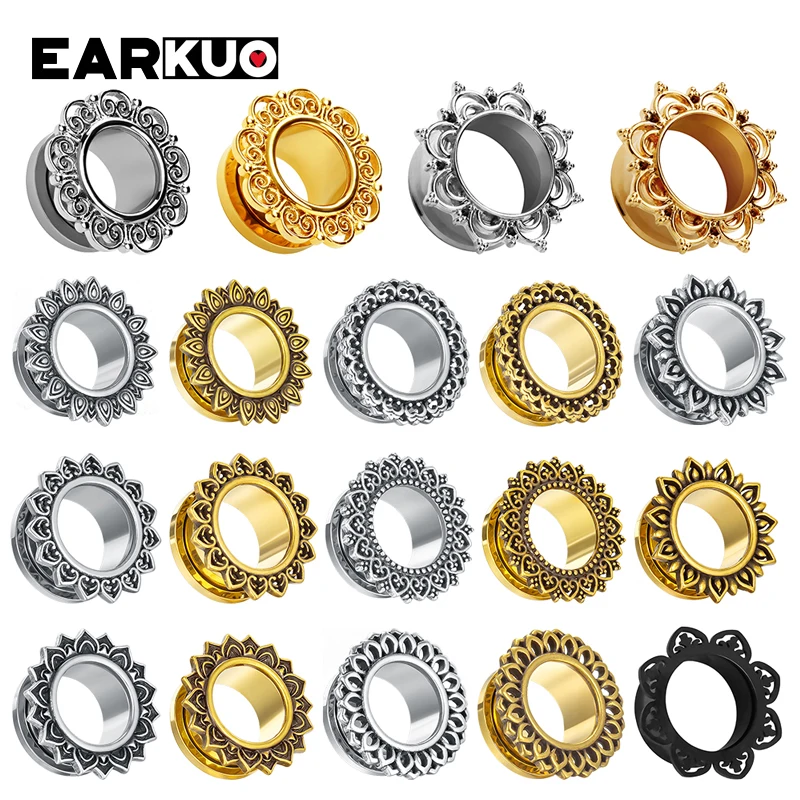 EARKUO Fashionable Quality Stainless Steel Flower Ear Gauges Tunnels Expanders Piercing Body Jewelry Ear Plugs Stretchers 2PCS