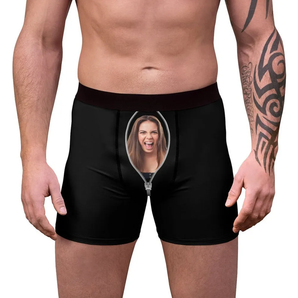 CUSTOM Your Face on Men's Boxers with Zipper - Personalized Thong Panties with Zipper Face Funny Fly Underpants - Face Underwear