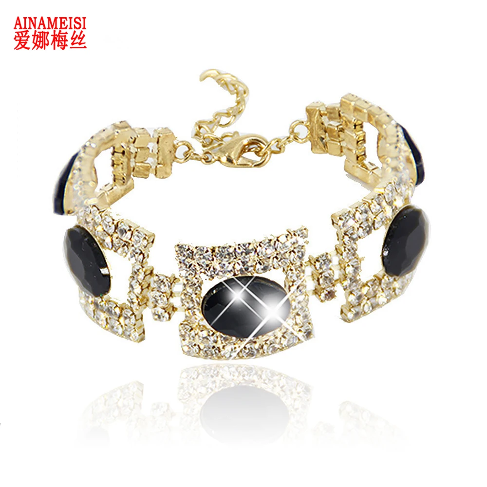 AINAMEISI Gold Color Bracelets for Women Bridal Jewlery Black White Crystal Wedding Rhinestone Chain Link Bracelets & Bangls