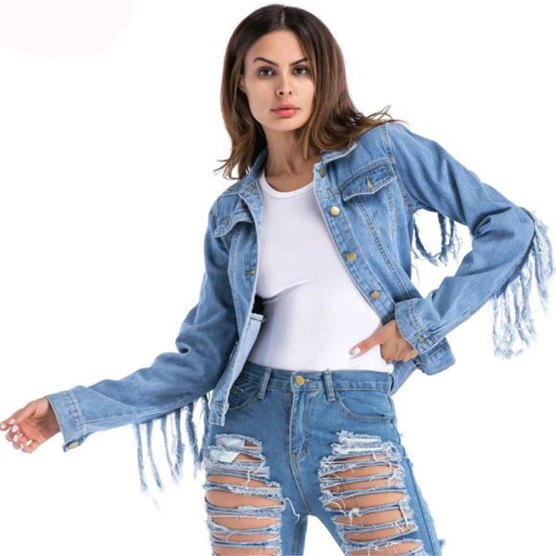 النساء الدنيم سترة شرابة ضئيلة الساخن موضة هامش ثقوب الدنيم سترة سيدة أنيقة Jackets جاكيتات الأساسية معاطف كبيرة الحجم