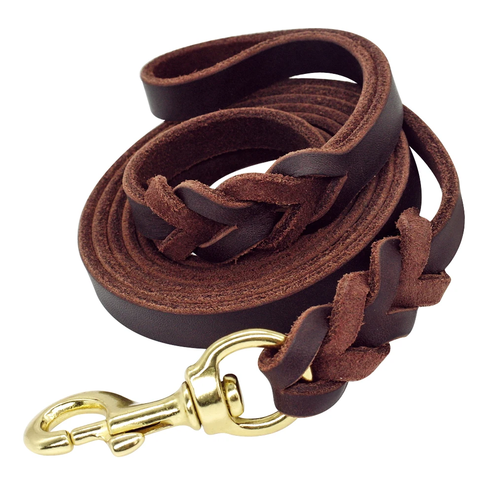 Leather Dog Leash Durable Dog Training Leash Braided Pet Dog Leads Rope for Medium Large Dogs Walking Running Brown