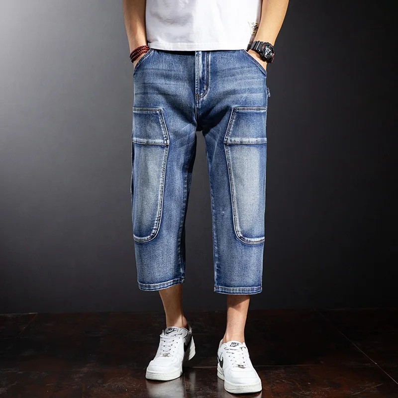 

Summer Men's Cropped Jeans Fashion Loose Hip Hop Tide Denim Pants Plus Size 44 Patchwork Trousers Male Man Mens Clothing