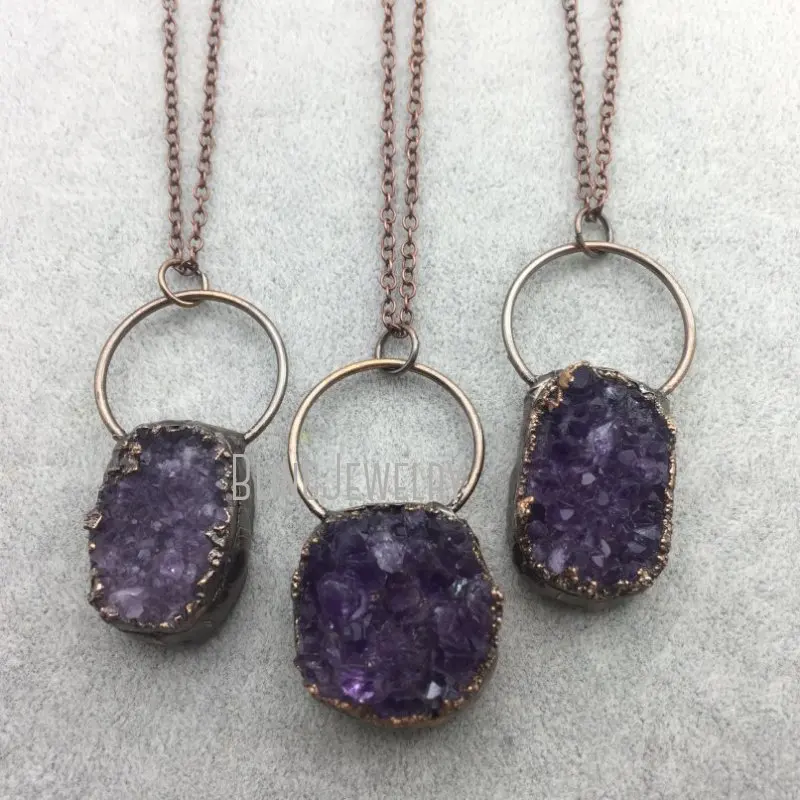 NM40113 Purple Druzy Freeform  Boho  Agate Chunk Slab Necklace Vintage Copper Plated Hoop 