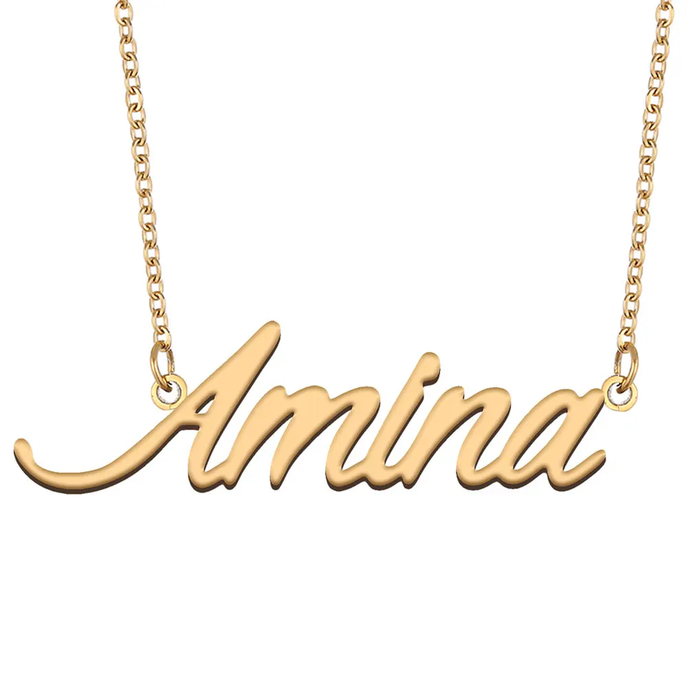 Amina Nameplate Necklace for Women Personalized Stainless Steel Jewelry Gold Plated Name Pendant Femme Mothers Girlfriend Gift