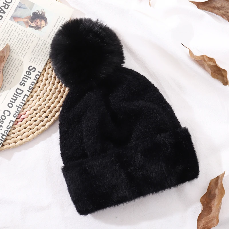 CNTANG New Women\'s Warm Double layer Lining Hat Faux Rabbit Fur Pompom Beanies Fashion Winter Fabric lamb Cap Casual Girls Hats