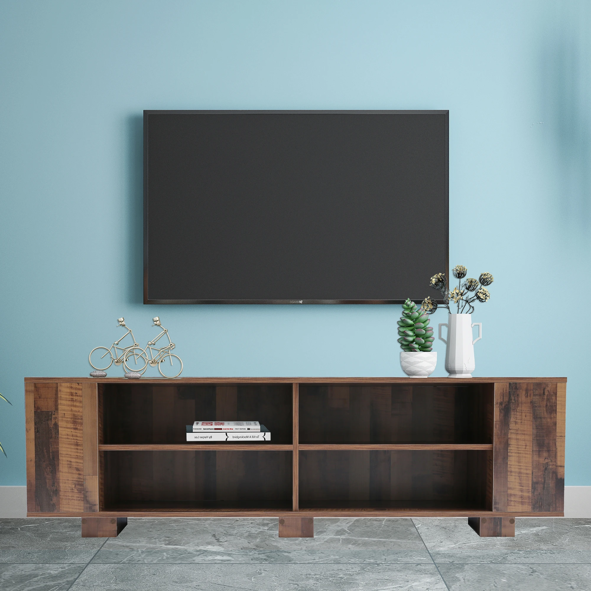 TV Stand Console Table 150x40x45CM Universal TV Storage Cabinet Mid-Century Modern Entertainment Center W/ 8 Open Shelves Brown