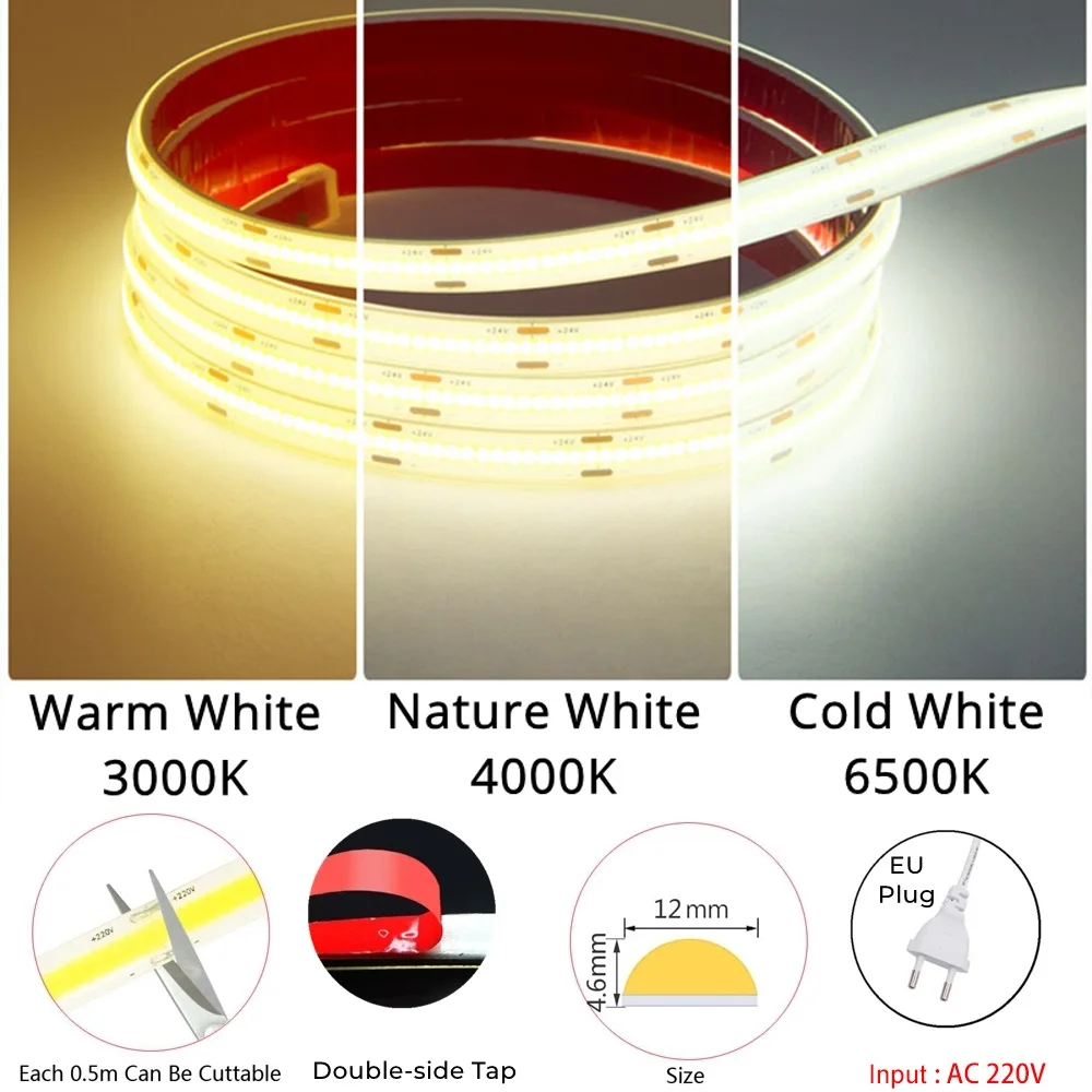 220V FCOB pasek COB LED 2835 wysokiej jasności 280 led/m elastyczne światło taśmy kryty odkryty wodoodporny miękkiego silikonu wstążka ue wtyczka