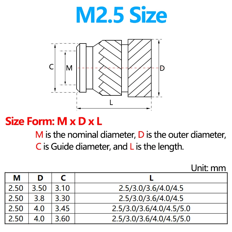 200PCS Female Thread Brass Knurled Inserts Nut Heat Set Insert Nuts Embed Parts Pressed Fit into Holes for 3D Printing M2 M2.5