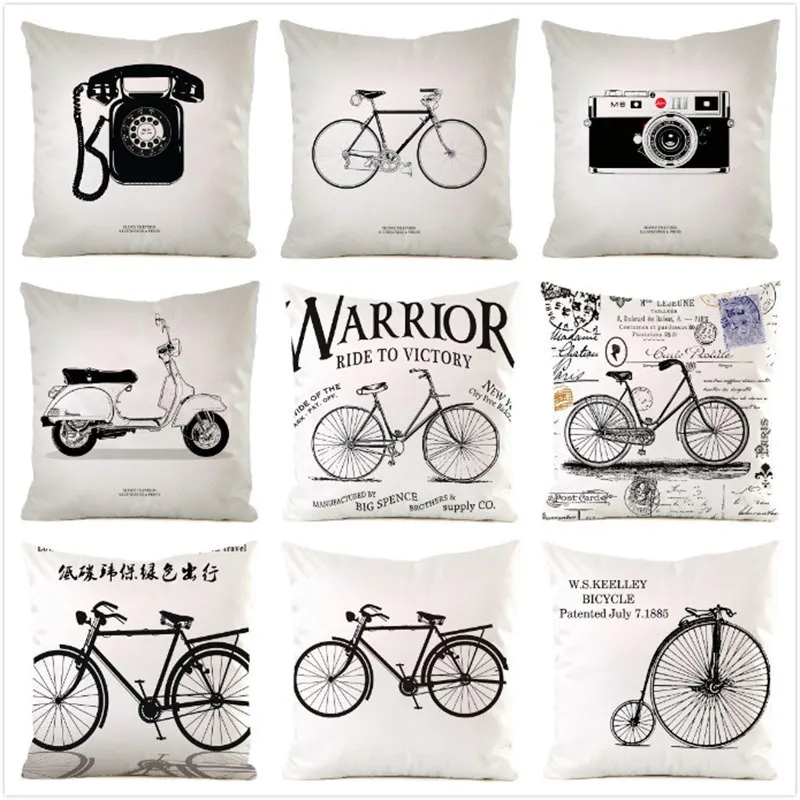 Black and White Style Stick Figure Cushion Cover 18x18 Inch Retro Bicycle Telephone Printed Pillow Cover Home Decor Pillow Cases