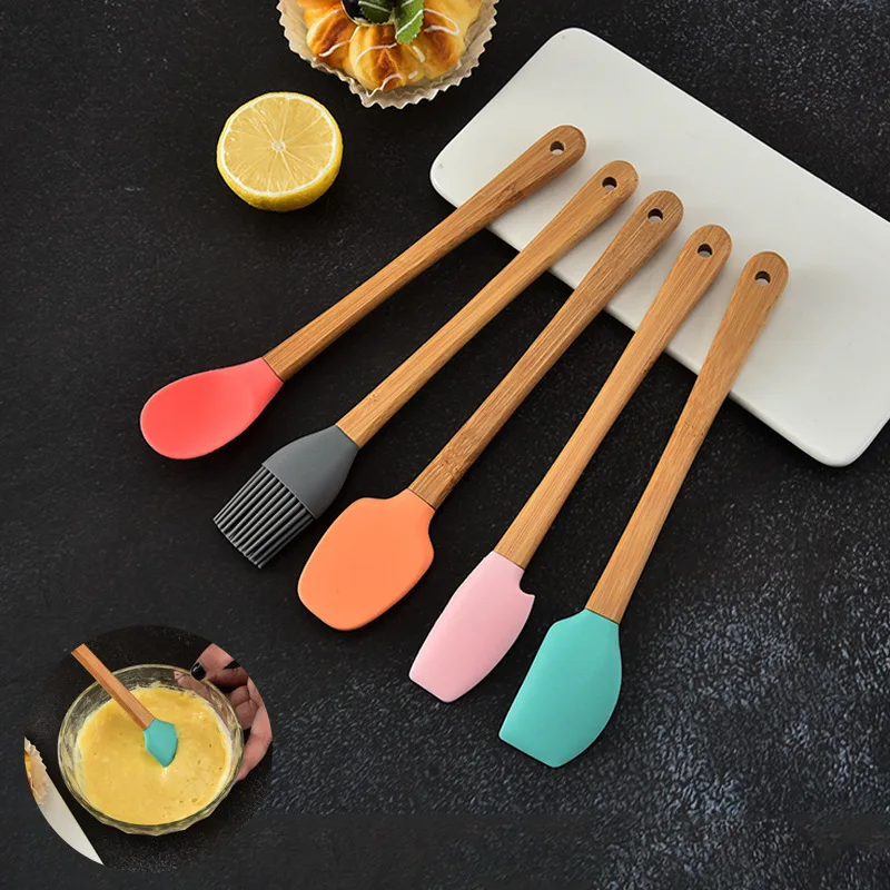 50Set/Lot Wooden Handle Silicone Heat-Resistant Spatula Scraper Spoon Set Non-stick Cooking Egg Beaters Scraper Kitchen Tools