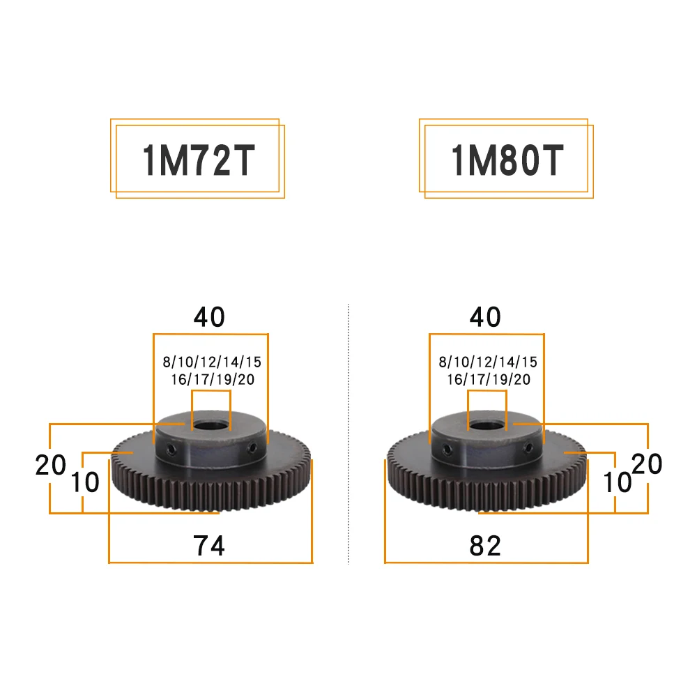 Motor Gear 1M-72T/80Teeth SC45#Carbon Steel High Frequency Quenching Teeth Gear Wheel Bore Size 8/10/12/14/15/16/17/19/20 mm